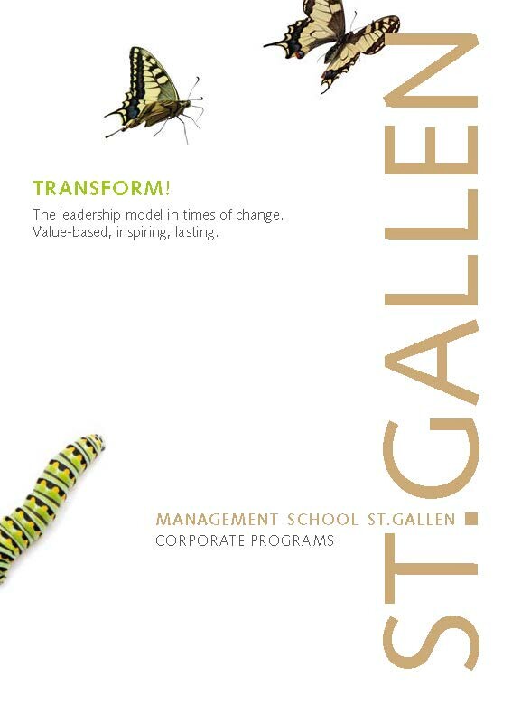 Cover page of the impulse brochure «TRANSFORM!» with a simple design and the logo of the Management School St.Gallen.